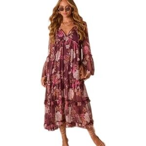VICI Maxi Dress Size XL Whisperfolk Floral Lined Chiffon Ruffle Romantic Tassels